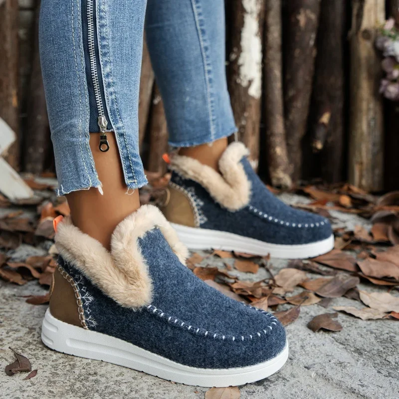 Botas romanas cálidas y cómodas para mujer, Botas cortas informales de terciopelo, con punta redonda, para la nieve, a la moda,