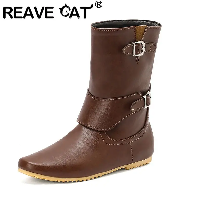 

REAVE CAT Mid Calf Boots for Women Round Toe Slip On Belt Buckles Plus Size 45 46 47 48 Leisure Daily Female Booties Brown Black