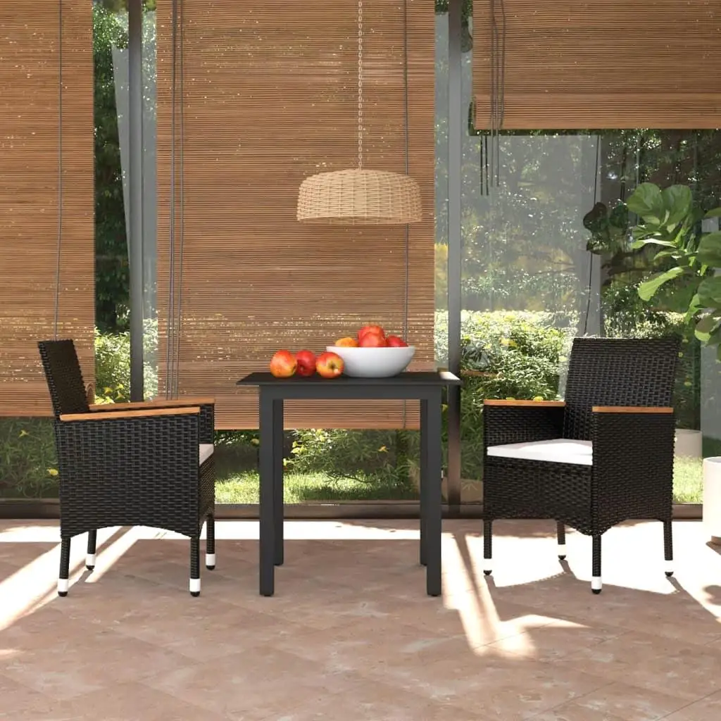 3-Piece Black Poly Rattan Patio Dining Set with Cushions – Stylish Outdoor Furniture