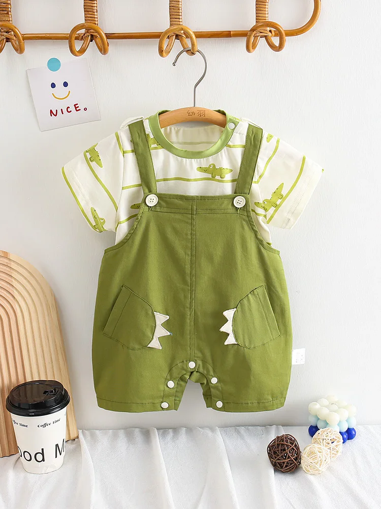 

Children's Summer Short Sleeve Suit Going out Clothes Cartoon Dinosaur Overalls SuitTT-shirt Shorts0-2Year-Old Thin