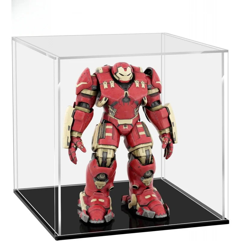 Acrylic Display Case, 3x3x3 in, 8x8x8cm, Showcase, Dustproof Box Black White Base for Action Figures, LEGO & Models