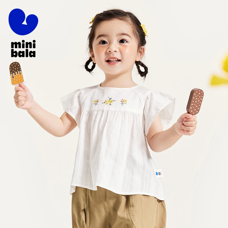 Mini Bala Shirt Girls Short Sleeve Shirt 2024 Summer New Baby and Infant Skin-Friendly Soft Pure Cotton Sweet Children Shirt