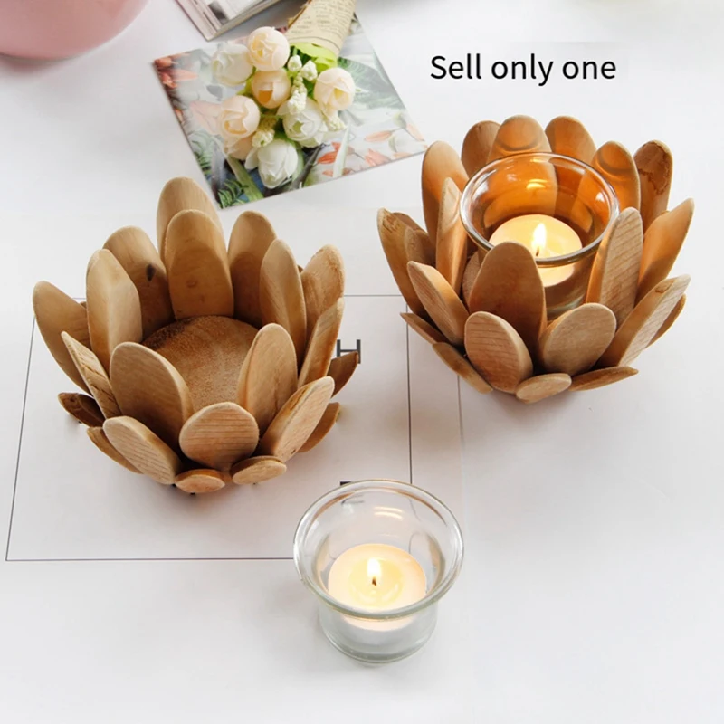 N85R-나무 꽃 캔들 홀더 나무 기둥 캔들 스탠드 꽃 티 라이트 홀더 나무 트림 로터스 장식 레트로 캔들 홀더