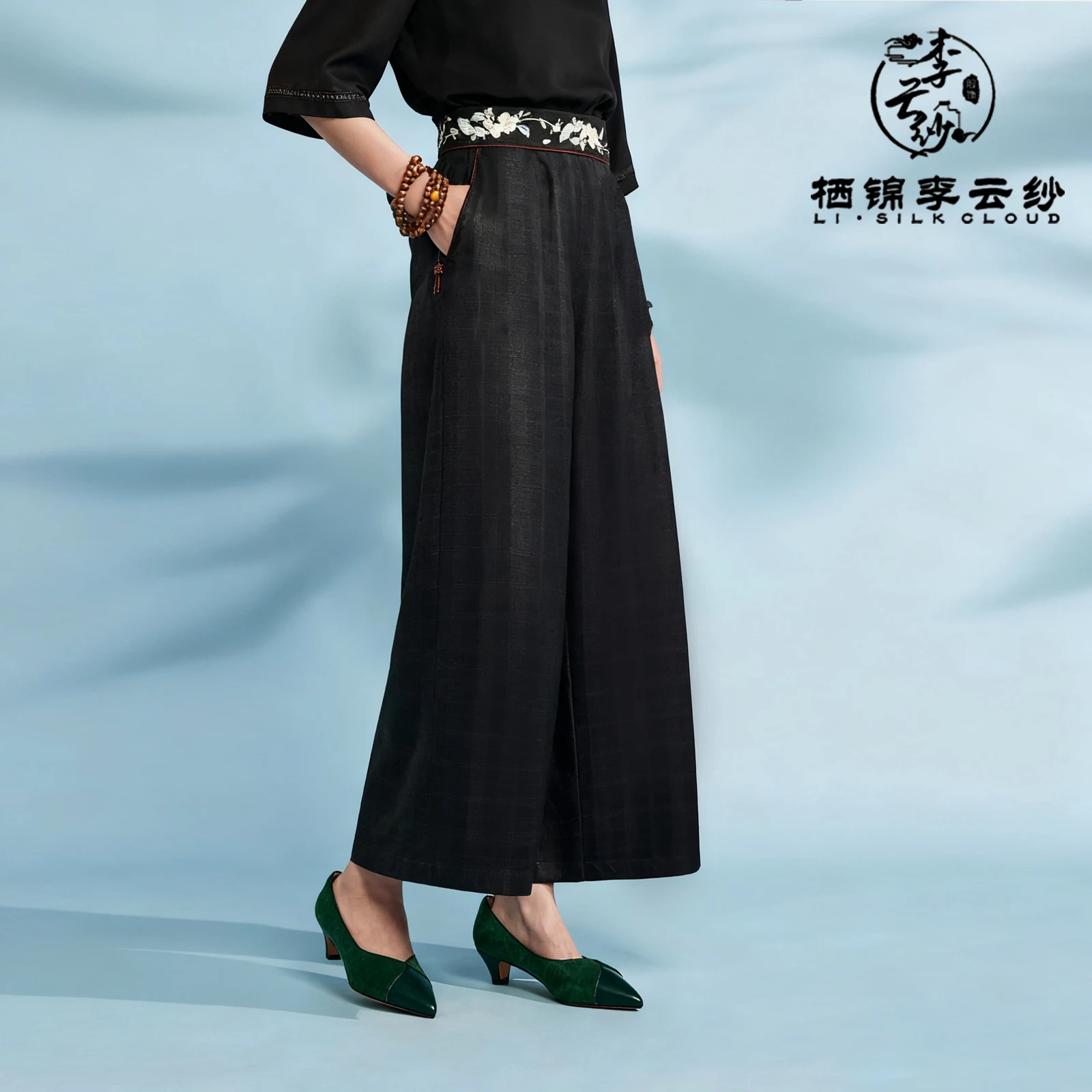 

LI SILK CLOUD xiangyunsha Embroidered Pants - Glossy Silk Fabric, Skin-Friendly Comfort, Guangdong Black Pearl Guangdong Gauze