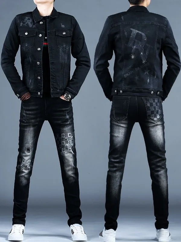 

Spring Autumn High End Men's Denim Set Slim Fit Elastic Fashionable Jacket Coat Long Sleeve Long Pants Jeans Style Youth