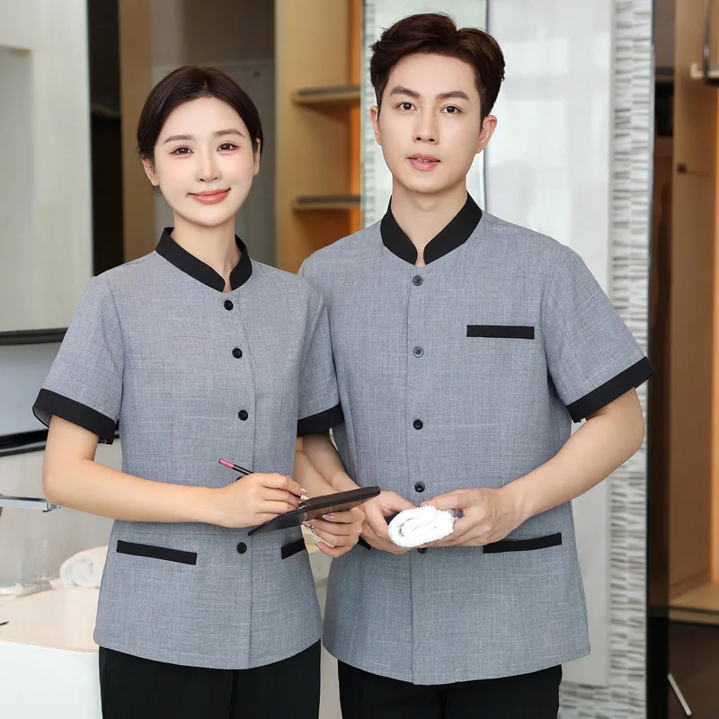 

Летняя униформа для чистки воротника-стойки с коротким рукавом и пятью пуговицами, дышащая униформа для чистки, большие размеры, гостиничный номер, персонал Un