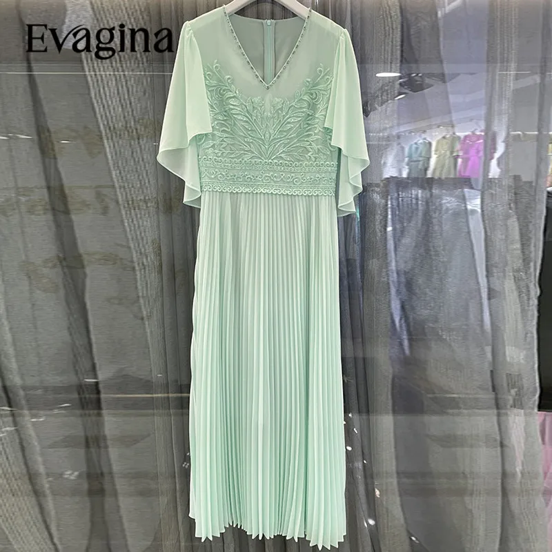 Evagina Nail Bead Embroidery Pleated Waist Up Long dress Spring Summer Women's New Batwing Sleeve V-Neck Holiday Dresses