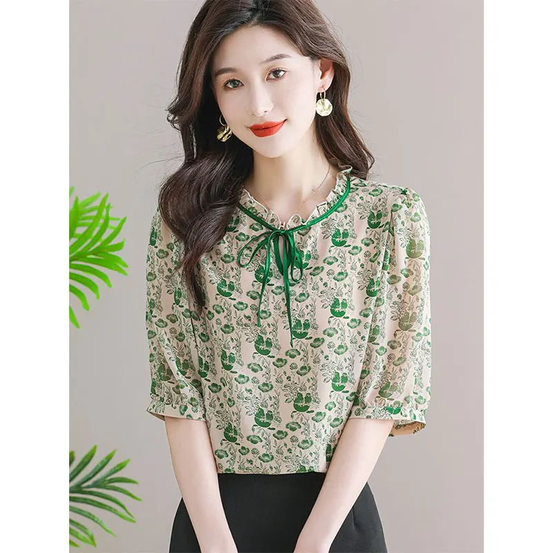 Women Clothes Summer Casual Fashion Simplicity Printing Thin Chiffon Shirts Women's Trend All-match Elegant Temperament Tops