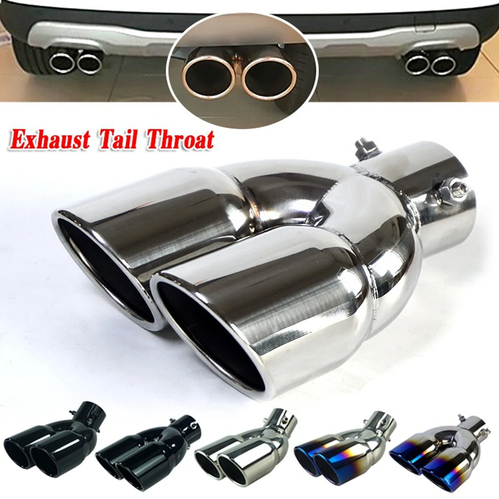 63mm/2.48'' Universal Car rounded Double Outlet Exhaust Tailpipe Muffler Tube Blue / Silver / Black Stainless Steel Slip On