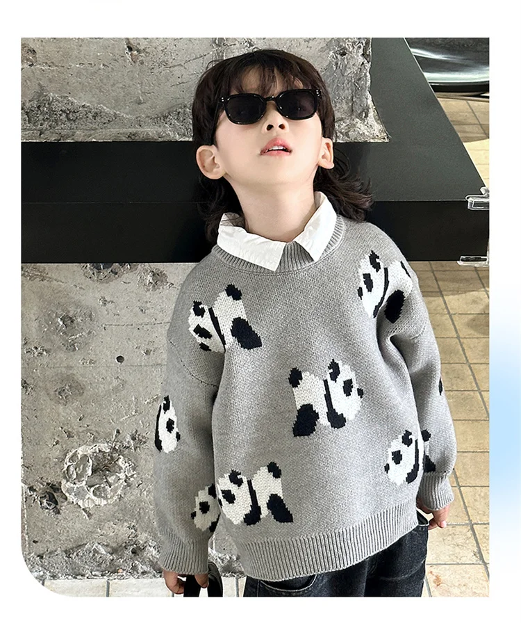 Koreanische Niedliche Kinder-Panda-Pullover mit Cartoon-Drucken, Strickwaren für Jungen, Graue Panda-Kostüme, Kinder-Strickkleidung für Alter 2 3 5 7 9 11 Jahre – Detail 5