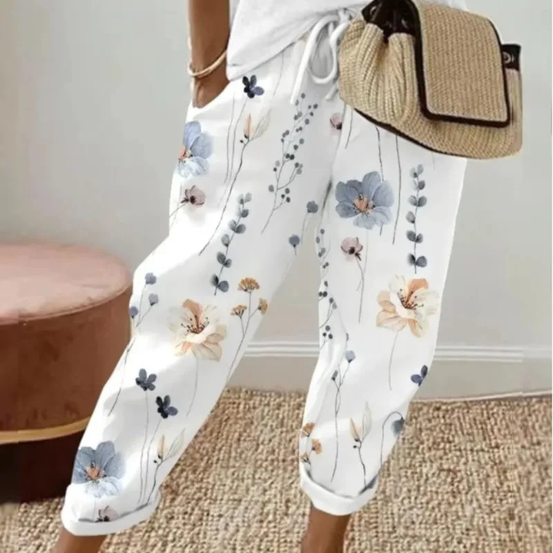 Women\'s Summer Pants Straight Trousers Summer Fashion Printing Pocket Lace Up Casual Elastic Waist Jogger Pants Female Clothes