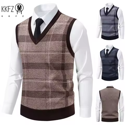 Men's V-Neck Knitted Sweater, Diamond Grid, Twisted Flower, Casual Fashion, Versatile Knit Top, Autumn, Winter