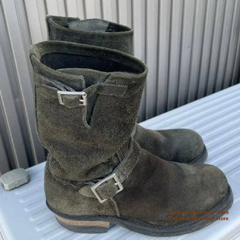 Botas de Hombre de Gamuza Verde Oscuro, Botas de Motociclista con Hebilla y Tacón Grueso, Botas de Caballero, Estilo Británico, Botas de Hombre Hechas a Mano de Moda