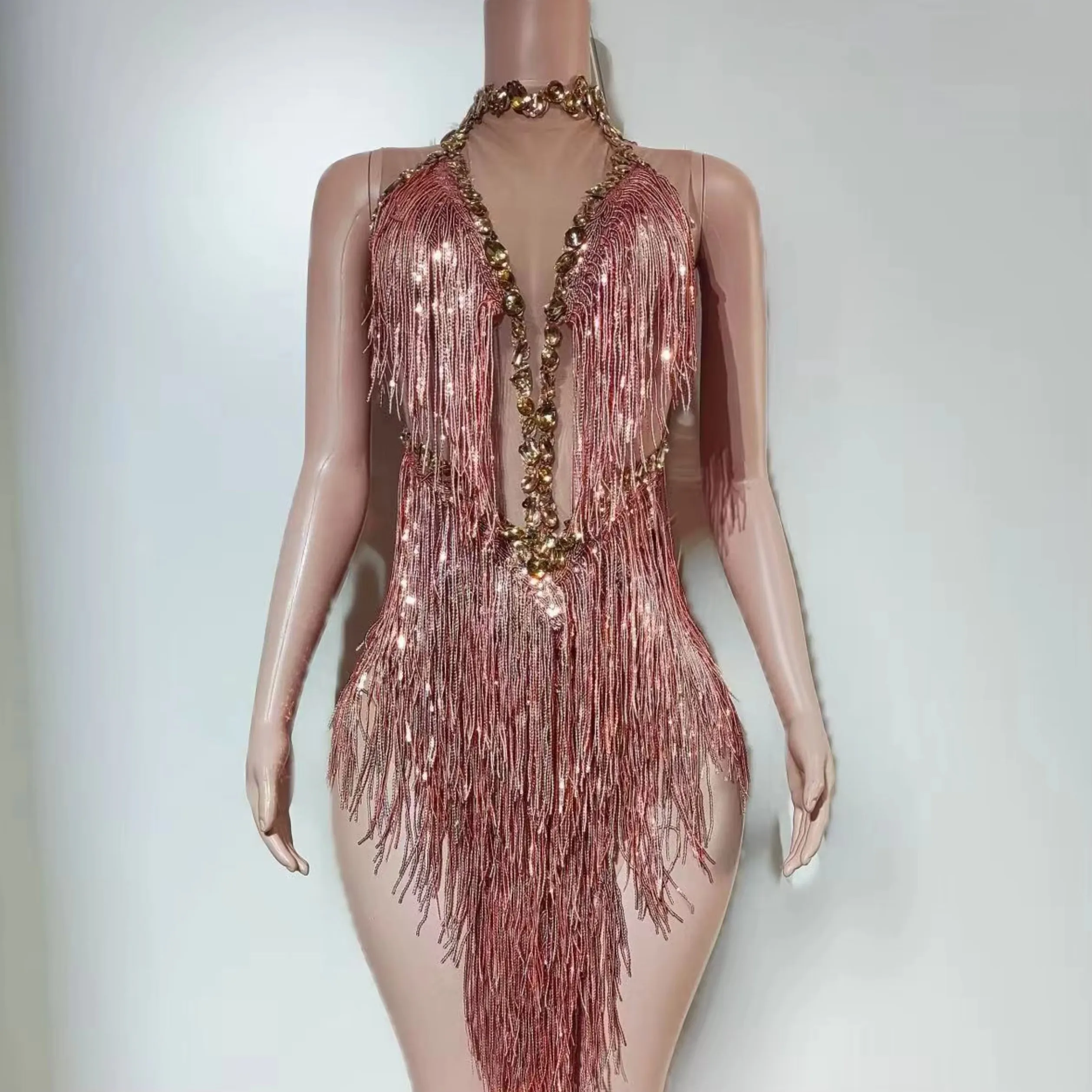 Women's Sparkly Rhinestones Gold Sequin Tassel Bodysuit Samba Latin Dance Costume Nightclub Singer Sexy Stage Wear Dancer Group