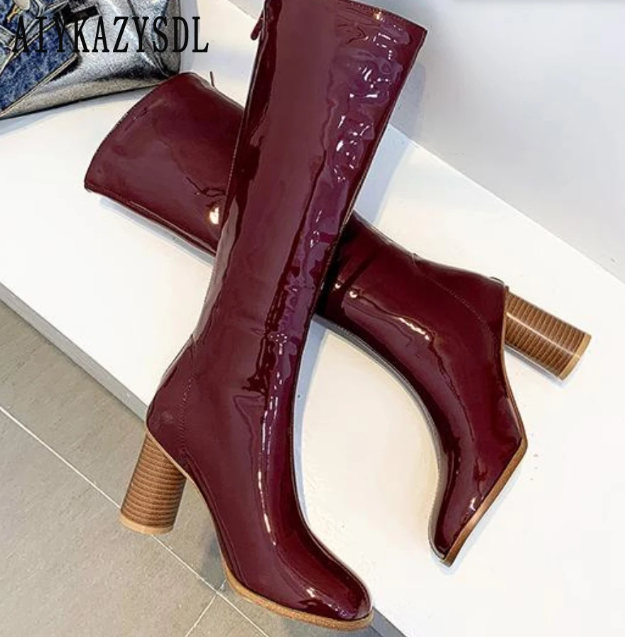 AIYKAZYSDL 2024 Autumn Winter Knee High Patent Leather Boots Glossy Vinyl Booties Ridding Knight Boots Block Heel Women Burgundy