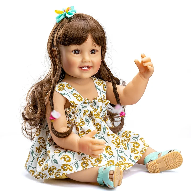 Lalka Reborn 55 cm, mała dziewczynka Cammi, uśmiechnięta, miękka silikonowa lalka dziecięca, malowana trójwymiarowo skóra z widocznymi żyłkami, zabawka do kąpieli dla dzieci.