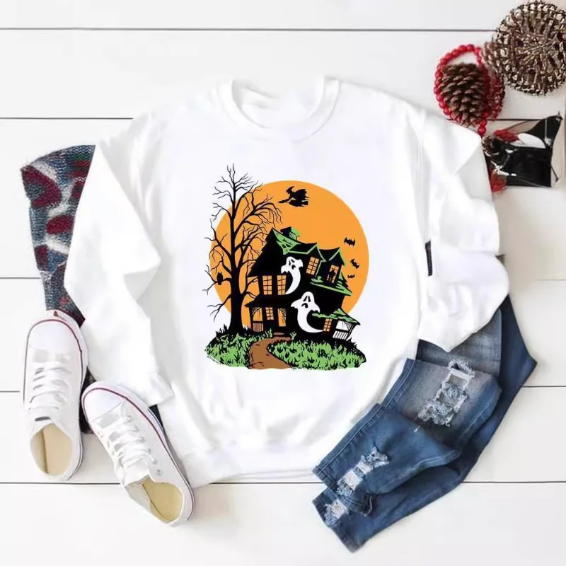 

Новая женская белая толстовка с 3D цифровым принтом на Хэллоуин, тыква, замок, летучая мышь, вечерние пуловеры, уличная женская толстовка