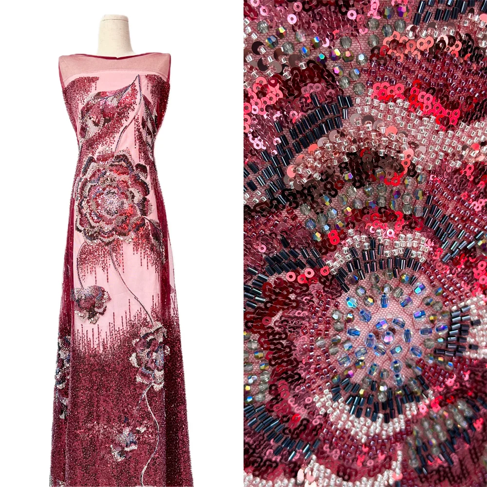 

Wine African 2026 High Quality Mesh Sequins Embroidery Beaded Tulle Nigerian Net Lace Fabrics For Bridal Material Wedding sewing
