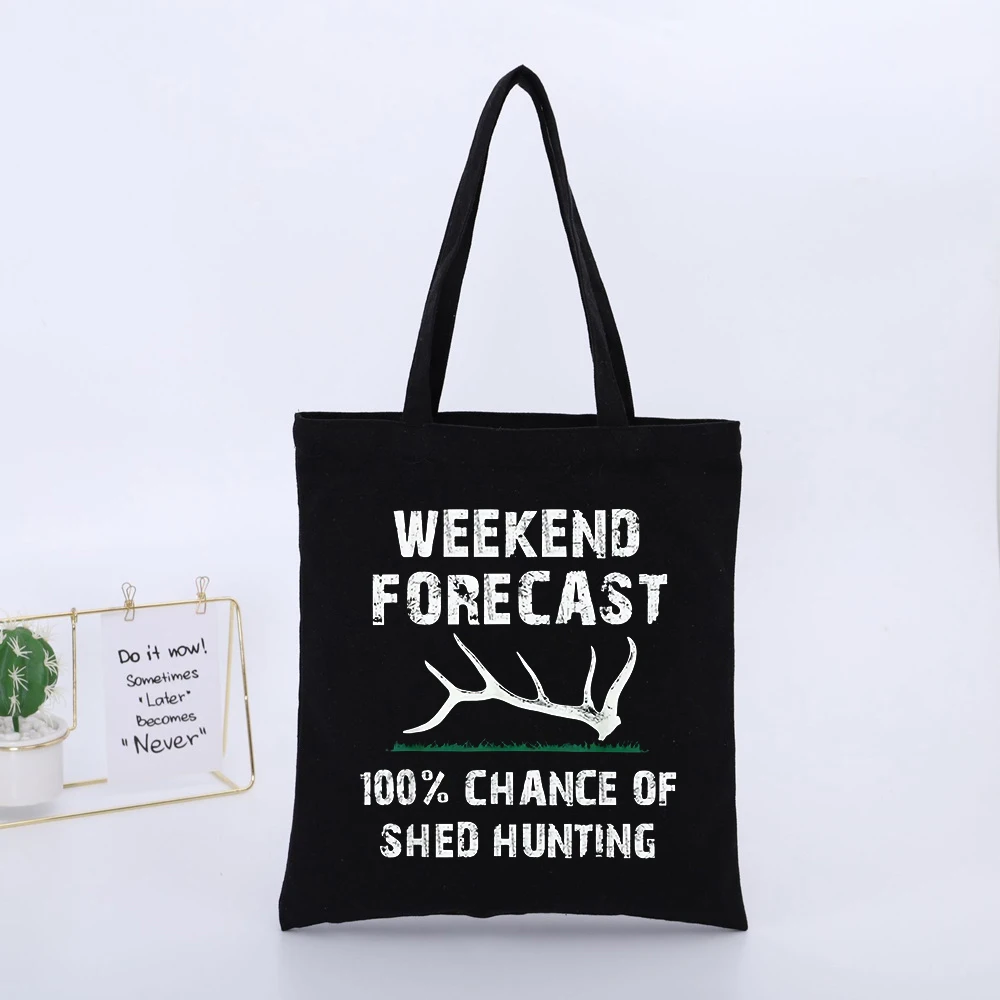 Outdoor Enthusiast's Antler and Typography Print Canvas Tote Bag, Casual Style for Weekend Hunting Trips
