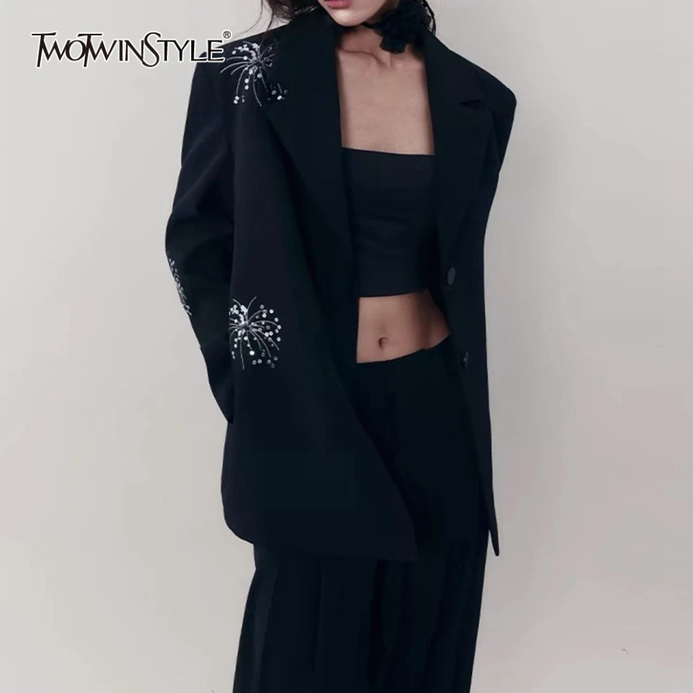 

TWOTWINSTYLE однотонные элегантные куртки с пайетками для женщин, лоскутная однобортная повседневная куртка с лацканами и длинными рукавами, женская