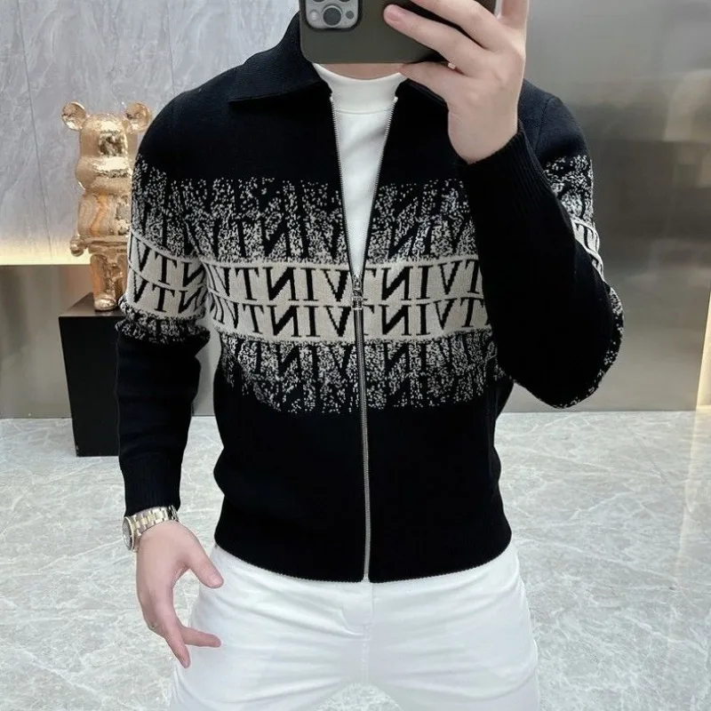 Men's Clothing Spring and Autumn high quality Trendy Brand Light Luxury Fashion Lapel Slim-fit Knitted Casual Sweaters