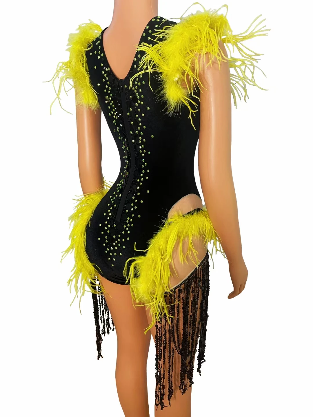 Yellow Feather Rhinestones Hollow Leotard Female Dancer Latin Modern Dance Bodysuit Bar Nightclub DJ Singer Performance Costume