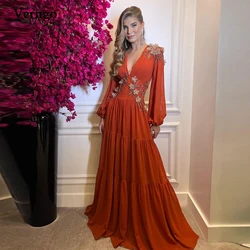 Verngo Burnt Orange Chiffon A Line Evening Dresses Long Sleeves V Neck 3D Flowers Tiered Mother Chic Formal Party Prom Gown