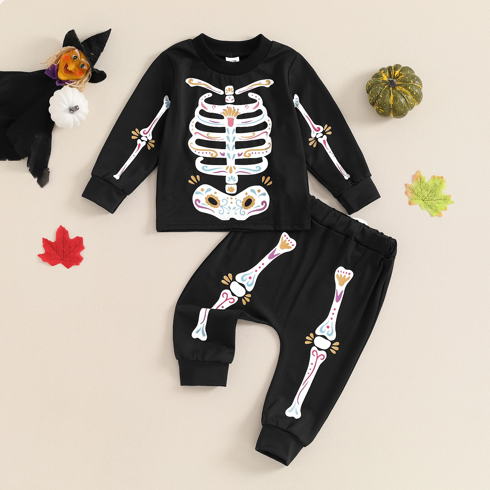 New Baby 2Pcs Halloween Outfits Long Sleeve Skeleton Print Sweatshirt Tops Pants Set Day of the Dead Clothes Halloween Costume