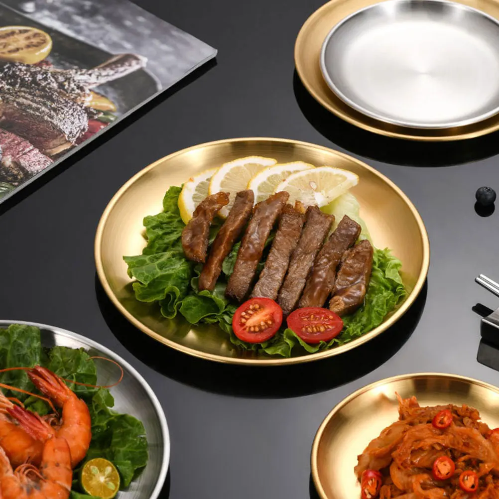 

1pcs Golden Stainless Steel Tray 14cm for Western Food Cake Fruit Dessert Plates Event Serving Metal Eating Food Plate