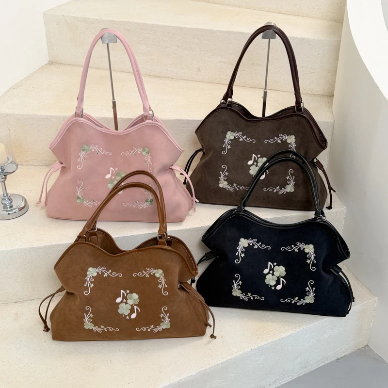 Koreanische Umhängetasche mit Kordelzug, ethnische Blumen- und Musiknoten-Stickerei, große Handtasche für Damen, Vintage-Handtasche für den Winter. – Detail 2