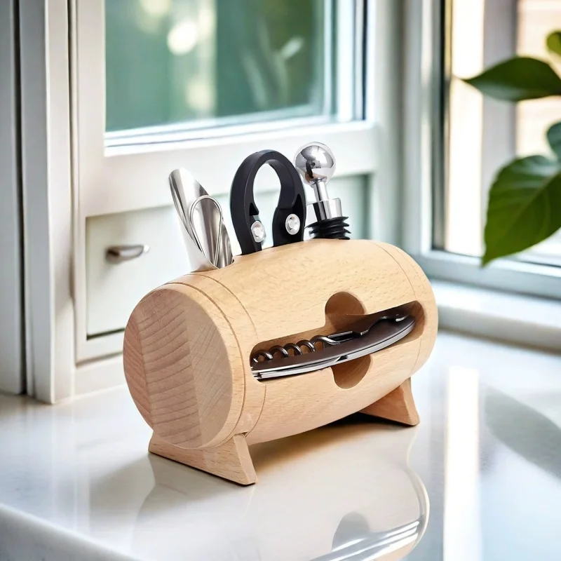

4-Piece Set of Wooden Wine Barrel Shaped Ornament for Household Manual Red Wine Bottle Opener Set