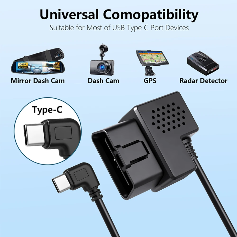 OBD Hardwire Kit Type C Port/Micro USB Port/Mini USB for Compatible with 98% of Car Dash Cam Cable Charger 24H Parking Monitor