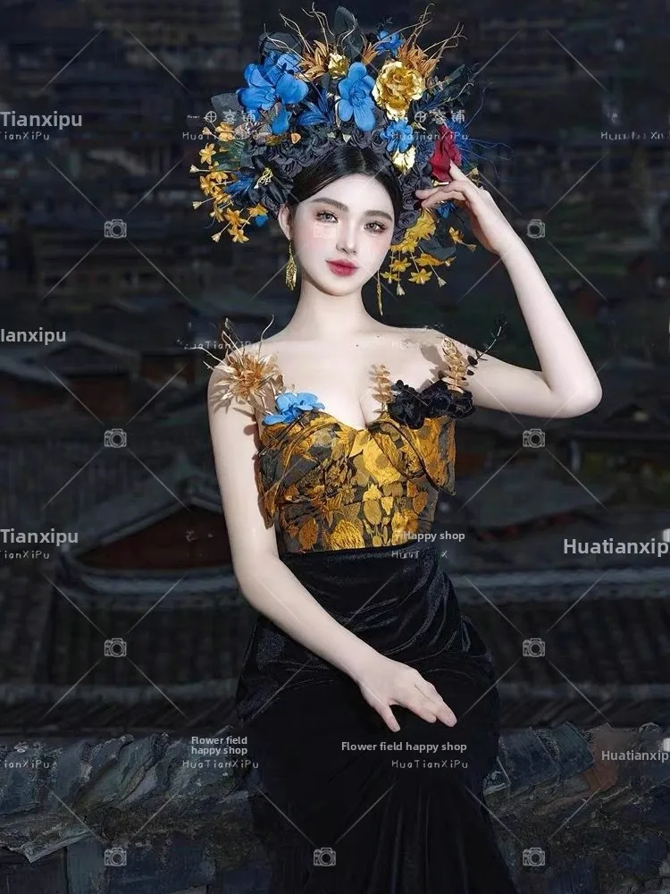 

Dark Style Velvet Dress Women's Floral Hairpin Photography Travel Shooting Traditional Chinese Ethnic Costume