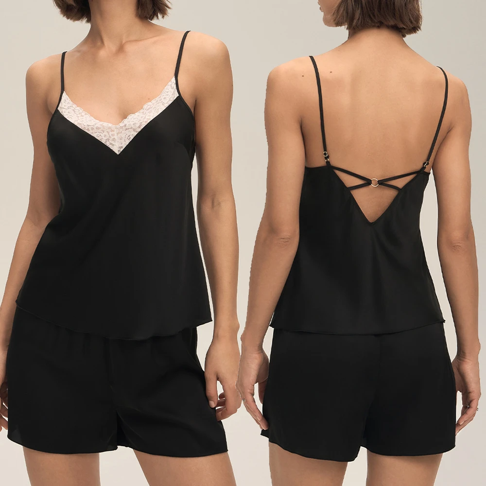 

Sexy Lace Suspender Homewear Pajamas Sexy Backless Strap Top&shorts Pijamas Suit Lingerie Summer New Silky Satin Loungewear