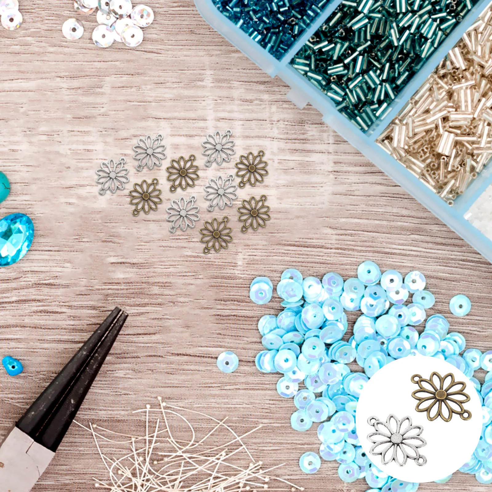 

60 шт., подвески из сплава с цветком ромашки, винтажный кулон, ожерелье с двойным отверстием, браслеты, серьги, брелки, ювелирные изделия своими руками