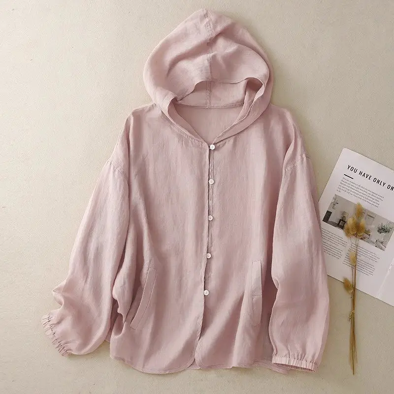 Ramie roupas de proteção solar para mulheres no verão 2025 novo leve solto respirável com capuz manga comprida jaqueta fina g1037