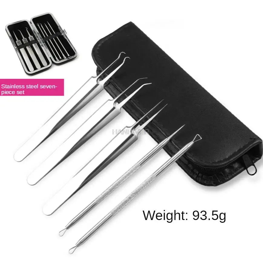 Kabura ze stali nierdzewnej z igłą do usuwania trądziku, klips do wyciskania zaskórników, siedem narzędzi do układania w stos, pokryte pięciokrotnie.