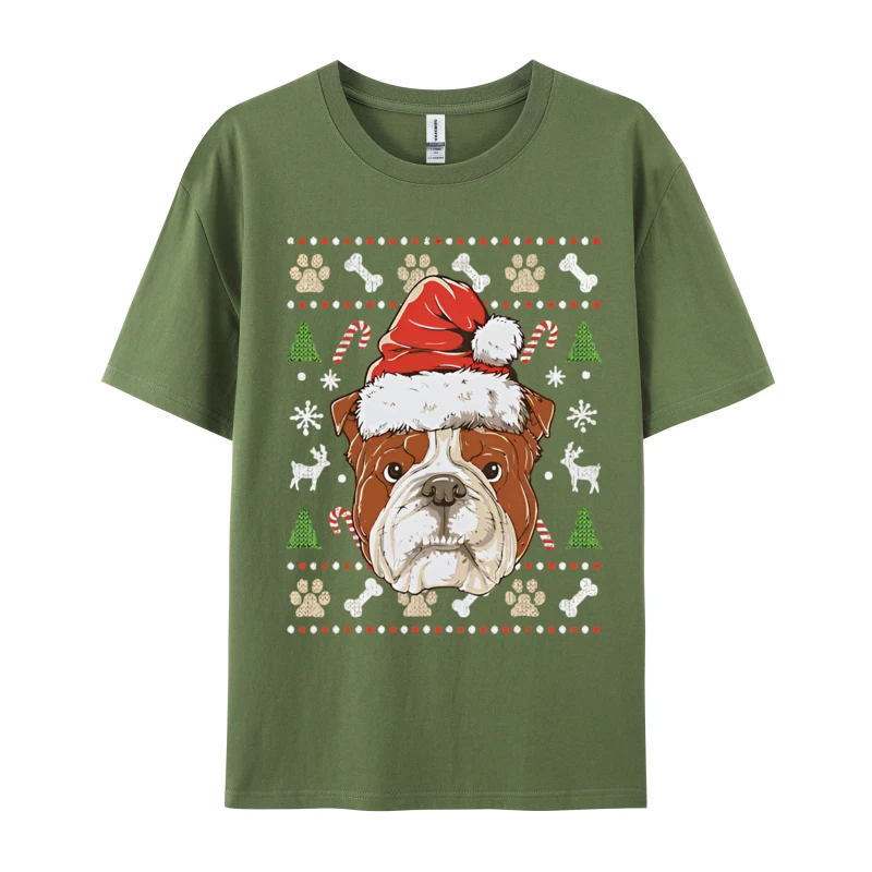 Santa Bulldog T-shirt Dog Christmas Family Gifts Funny T shirt Men's 100% Cotton Designer T-Shirt Basic