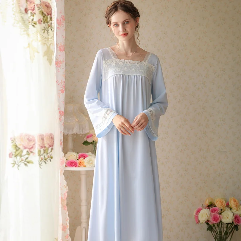 Sweet Lace Square Neck Night Dress Women Spring Autumn Vintage Chinese Flare Sleeve Nightwear Long Nightgown Princess Sleepwear