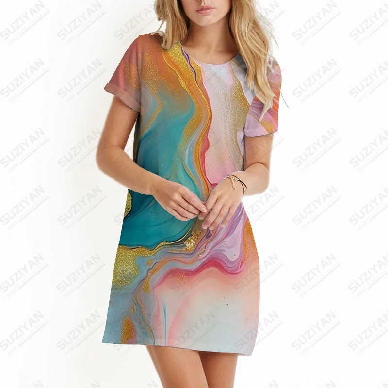 Damen lässig Kurzarm Kleid lose Büro Party Kleid Mode einfache Sommer Damen Kleid Marmor Textur 3D-Druck Kleid