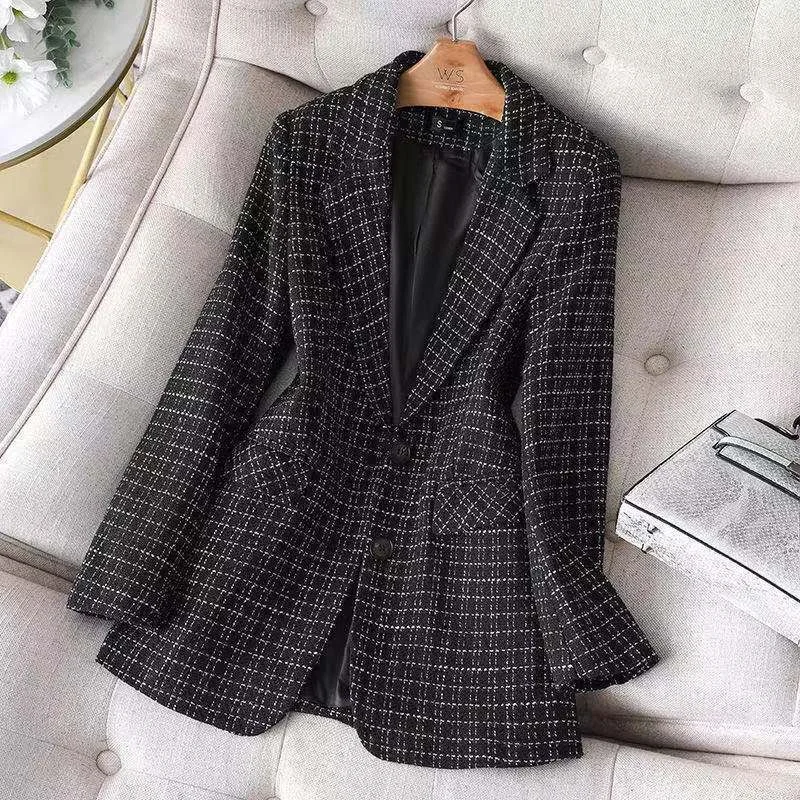 Formal Korean Plaid Tweed Women Slim Blazers Oversized 5xl Office Elegant Coats White/Black Vintage Work Wear Outwear New 2023