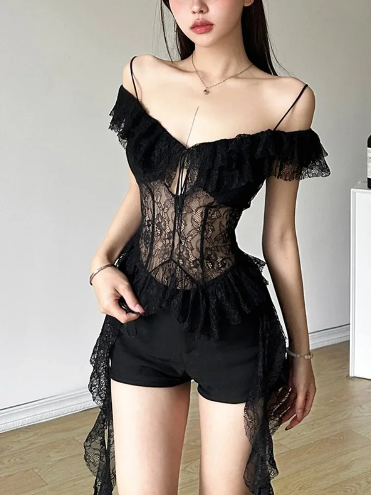 See Through Shirt Fairy Bandage Tees 2000s Vintage Y2k Aesthetic Lace Irregular Top Harajuku Hollow Out Black T Shirt Streetwear