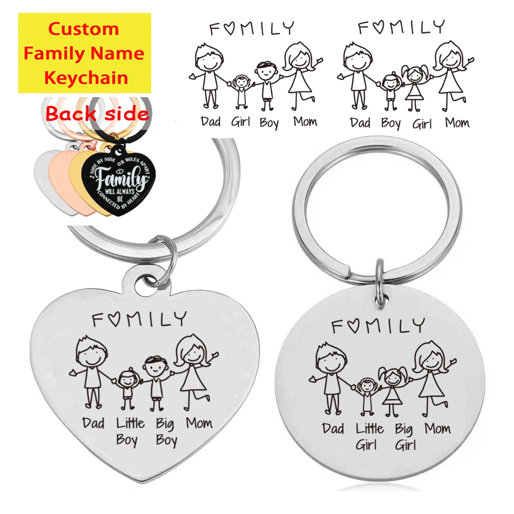 

Custom Family Name Keychain Engraving Personalized Dad Mom Kids Member Round Heart Keyring Key Chain Ring Holder Gifts Man