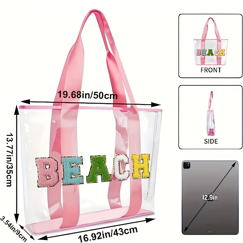 Large Capacity Women Pink Girls Travel Chenille Varsity Letter Clear Transparent Beach Patches Tote Bag with handles for Swim