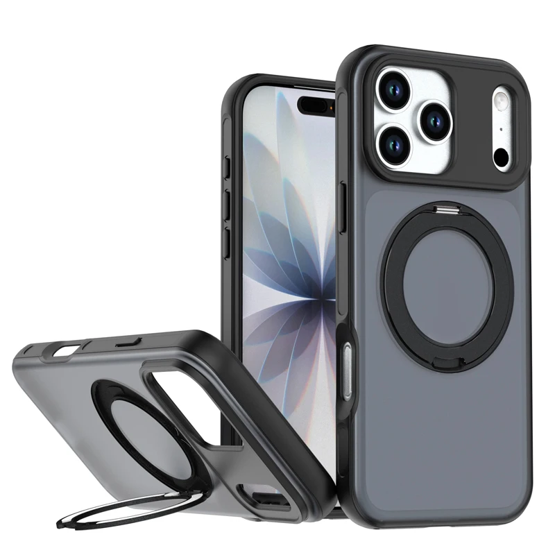 

For iPhone17 Pro Max Air 17 Case ELVEV Magnetic Hard PC + Soft TPU Skin Feel Matte Translucent Cover with Rotating Stand Strap