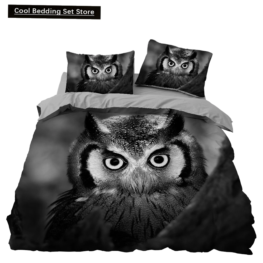 

Black Owl King Queen Duvet Cover Moon Safari Bird Animal Bedding Set Lovely Wildlife Quilt Cover Grey Polyester Comforter Cover