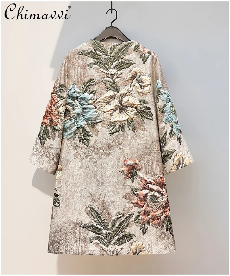 

French Elegant Fashion Socialite Heavy Industry Jacquard Trench Coat Beaded Diamond Luxury Temperament Long Jackets Women Autumn