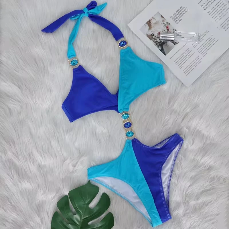 

Crystal Bikini Patchwork One-Piece Women's Swimsuit Beach Vacation Swimwear