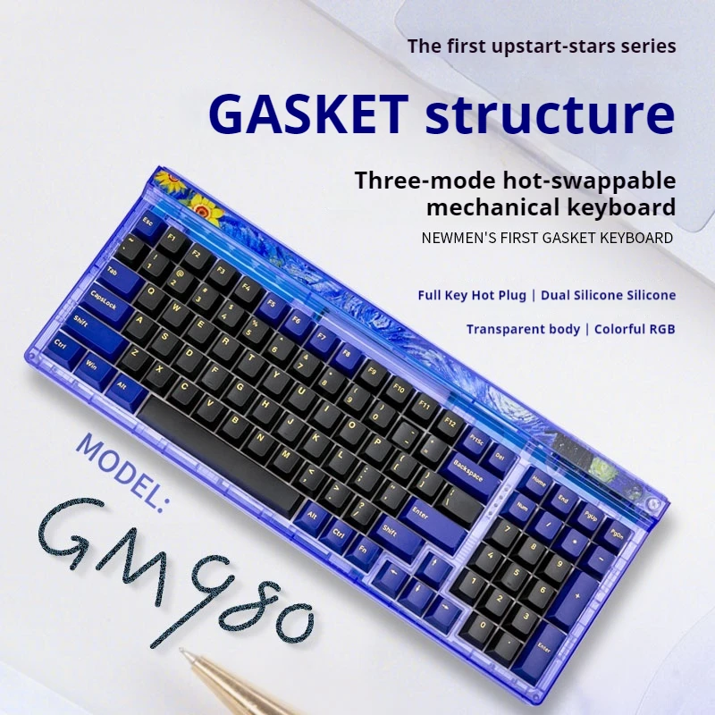 Gm980 Mechanical Keyboard Thri Mode Hot Swappable Gasket Structure 98 Key Transparent Customized Computer Peripherals Ergonomics