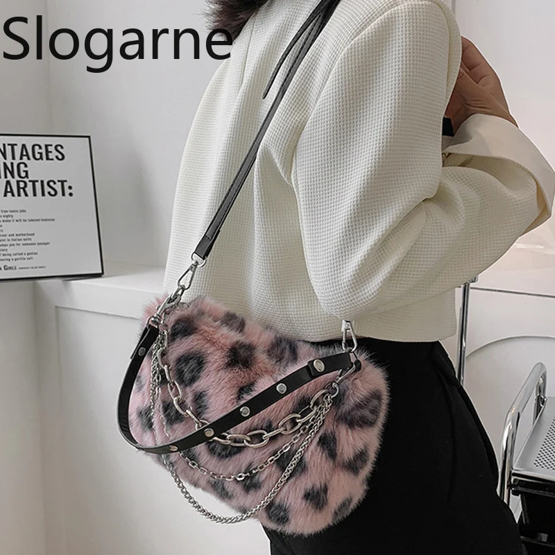 موضة ليوبارد حقيبة المرأة السنة الجديدة هدية أرنب فو الفراء حقيبة يد السيدات الشتاء رقيق حقائب كتف فروي حقائب بيد علوية مخلب